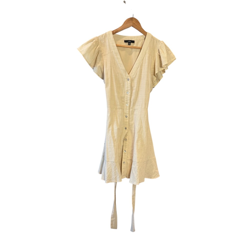 Lulus Womens Beige Button Front Mini Dress Ruffle Short Sleeve Casual Cute